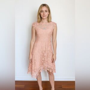 Eliza J - Asymmetrical Lace Overlay Dress in Blush Pink. Back zip. Size: 8